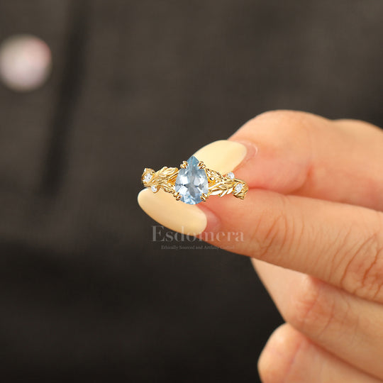 Romantic Pear Cut Aquamarine Engagement Ring Leaf Detail Vintage Wedding Ring