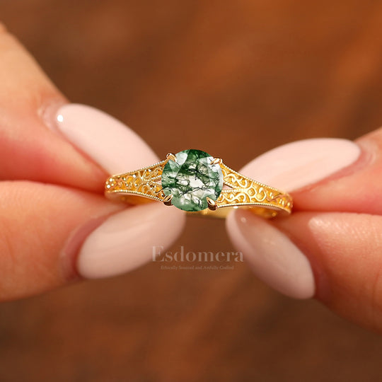 14K Vintage  Round  Solitaire Yellow Gold Moss Agate Engagement Ring Filigree Ring Women Ring