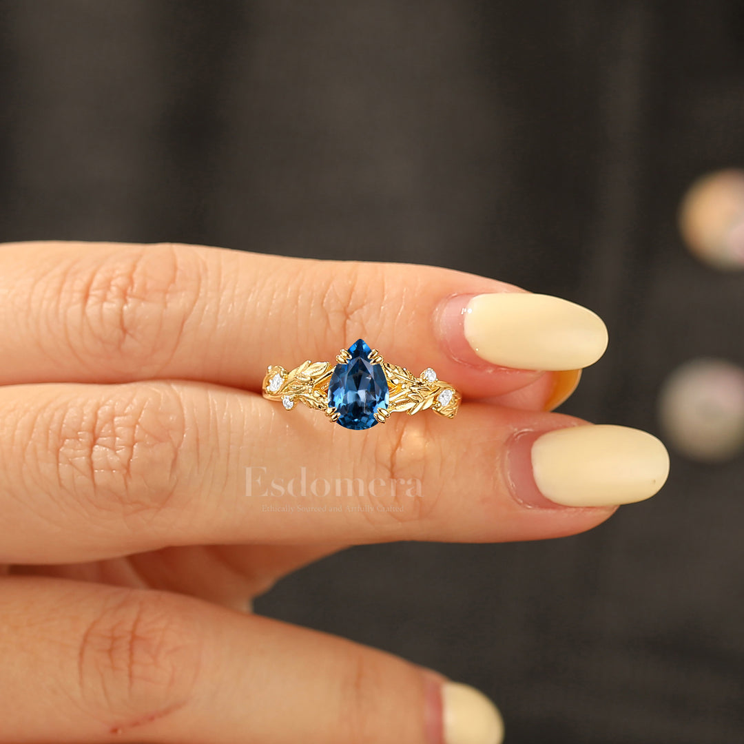 Enchanting Pear London Blue Topaz Bridal Ring Vine-Inspired 14K Gold Women Fine Ring