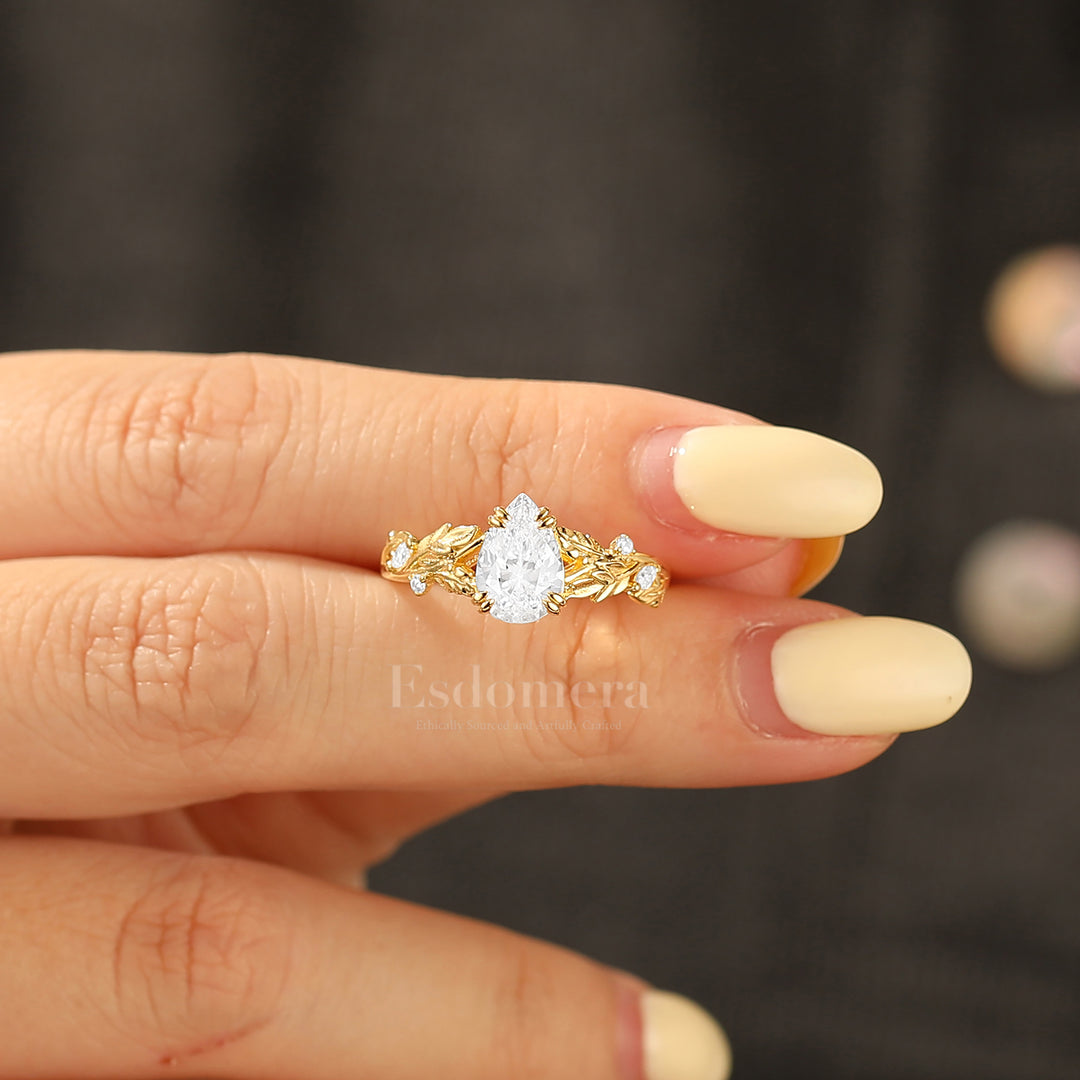 Radiant Pear Moissanite Leaf Design Wedding Ring Nature Inspired Vintage Engagement Ring