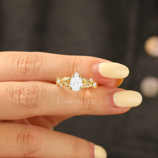 Radiant Pear Moissanite Leaf Design Wedding Ring Nature Inspired Vintage Engagement Ring