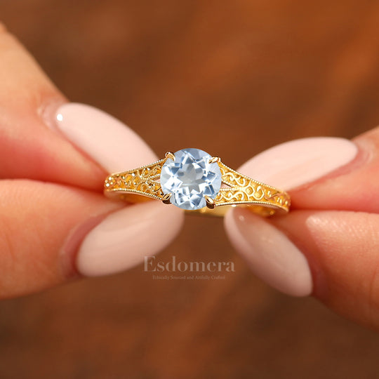 Vintage Round  Solitaire Yellow Gold Moissanite Engagement Ring Filigree Ring