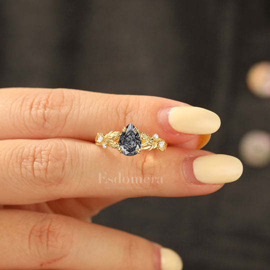 Delicate Pear Cut Black Rutilated Quartz Engagement Ring Leaf Design Wedding Ring