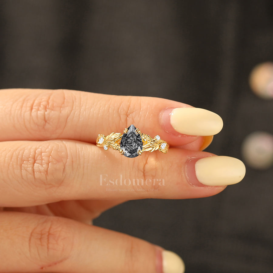 Delicate Pear Cut Black Rutilated Quartz Engagement Ring Leaf Design Wedding Ring