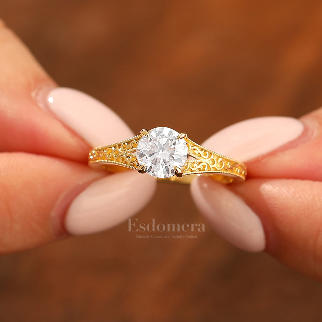 14K Vintage runder Solitär Verlobungsring aus Gelbgold mit Moissanit, filigraner Ring