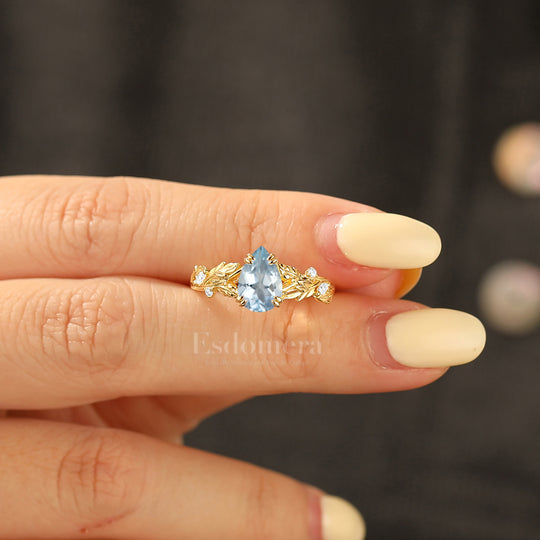 Romantic Pear Cut Aquamarine Engagement Ring Leaf Detail Vintage Wedding Ring