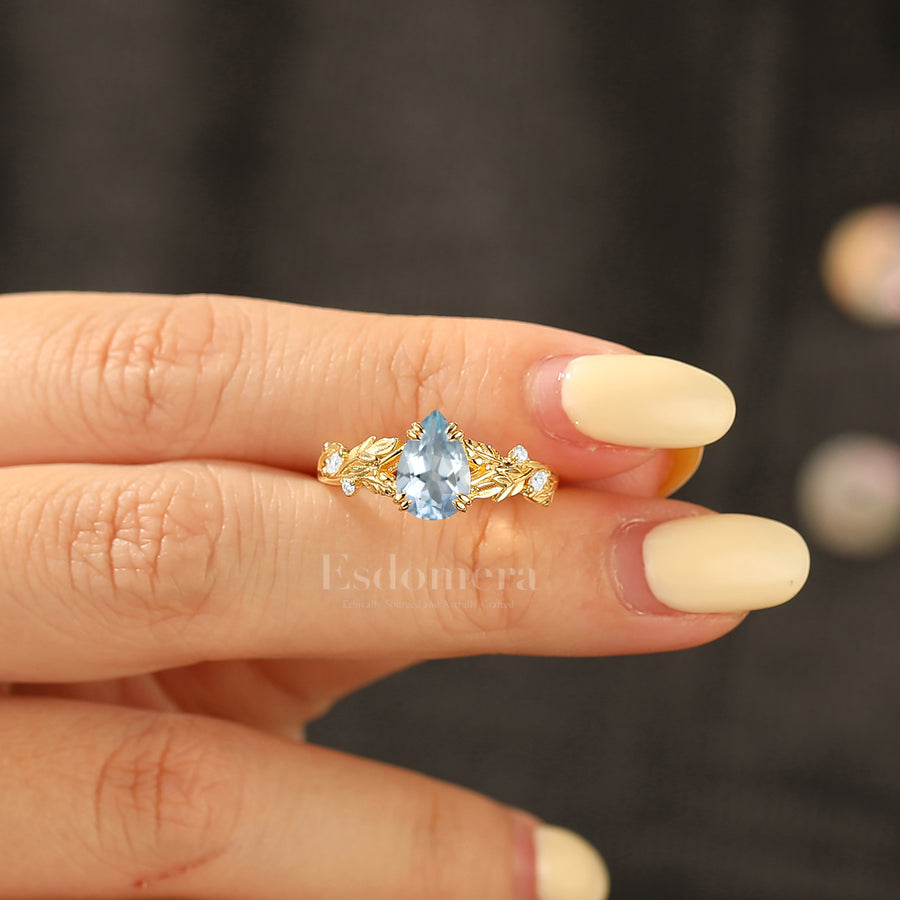 Romantic Pear Cut Aquamarine Engagement Ring Leaf Detail Vintage Wedding Ring