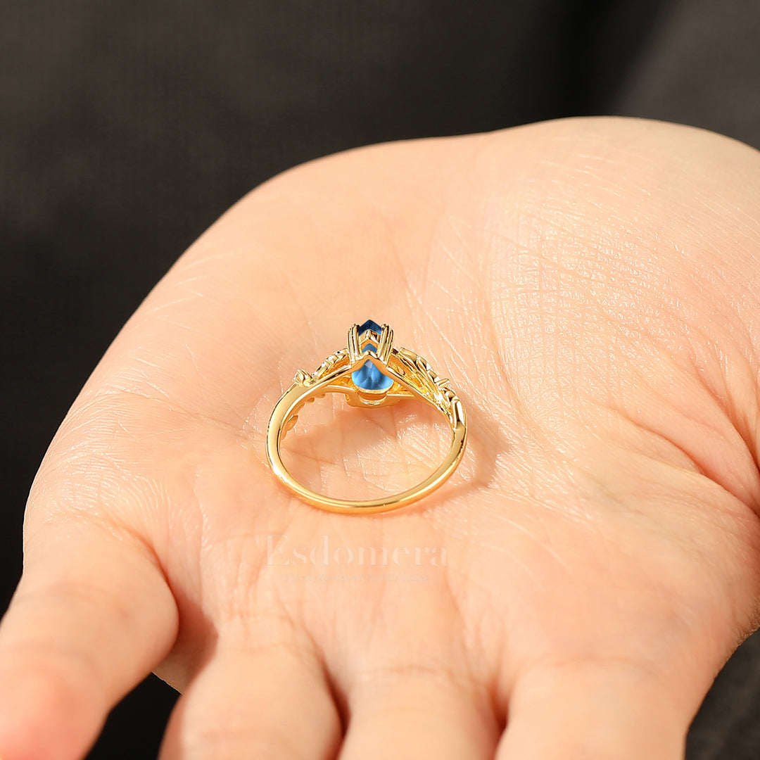 Enchanting Pear London Blue Topaz Bridal Ring Vine-Inspired 14K Gold Women Fine Ring