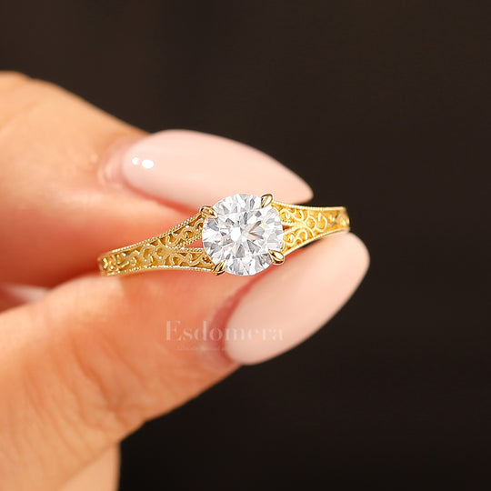 14K Vintage runder Solitär Verlobungsring aus Gelbgold mit Moissanit, filigraner Ring