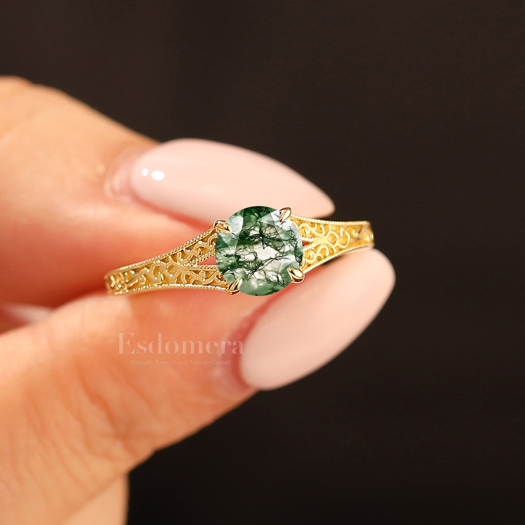 14K Vintage  Round  Solitaire Yellow Gold Moss Agate Engagement Ring Filigree Ring Women Ring