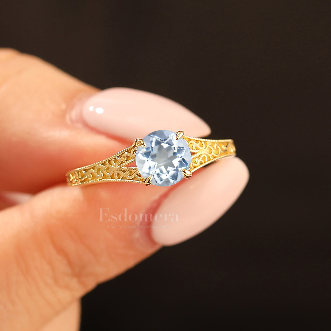 Vintage Round  Solitaire Yellow Gold Moissanite Engagement Ring Filigree Ring