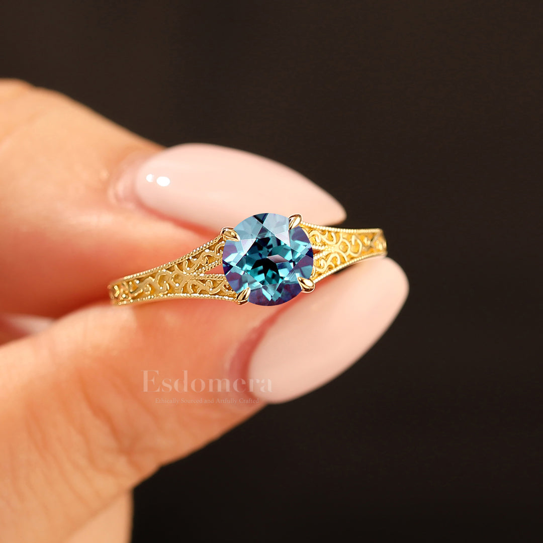 14K Vintage Round Cut Solitaire Yellow Gold Alexandrite Engagement Ring Filigree Ring
