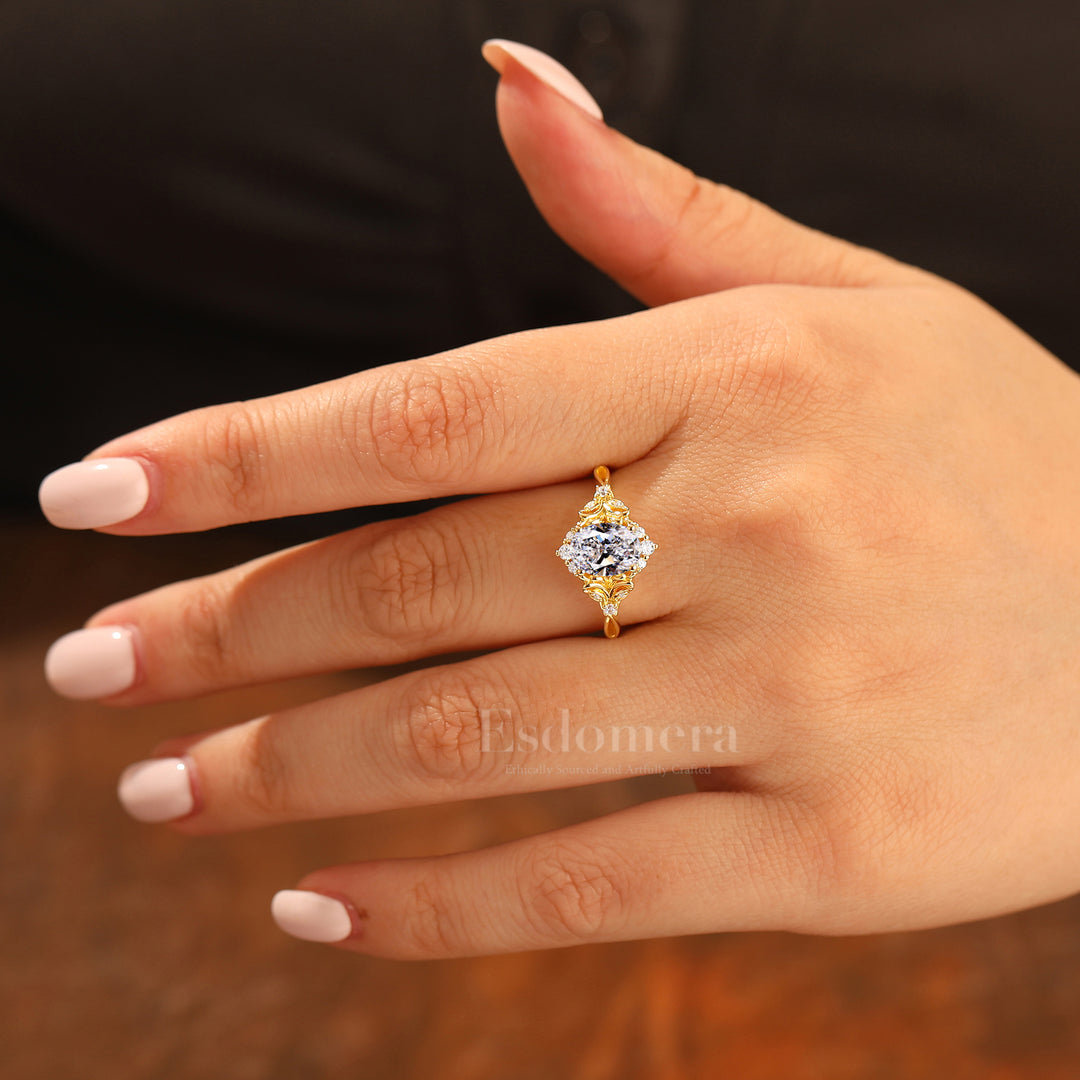 14K Oval Cut Lab Grown Diamond Unique Art Deco Inspired Oval Halo Ring with Filigree & Floral Details Cluster Ring Engagement Ring (IGI Certified)