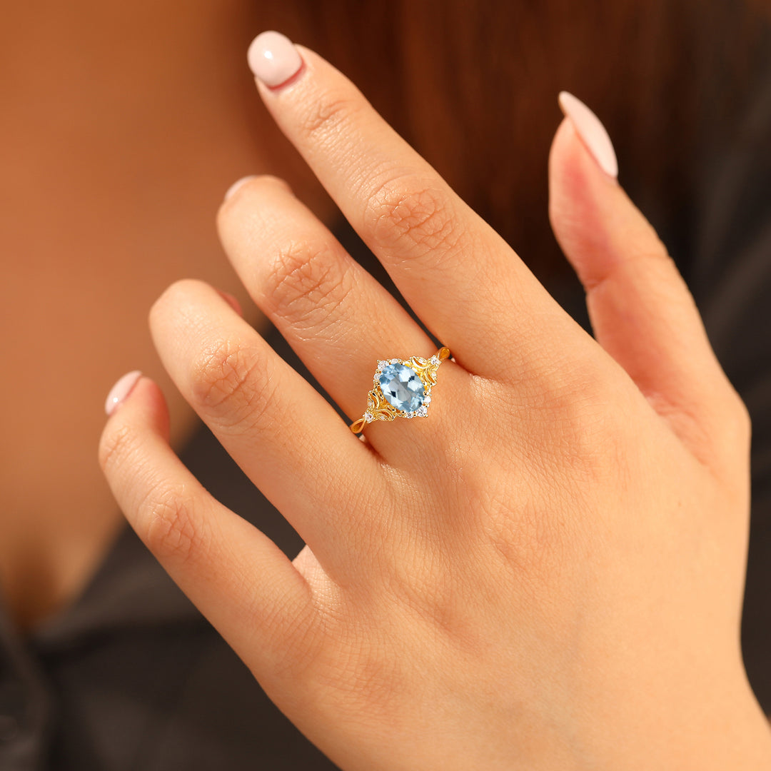 Barocco Anello di Fidanzamento con Foglia a Voluta e Acquamarina Pietre Brillanti di Accento Anello da Donna