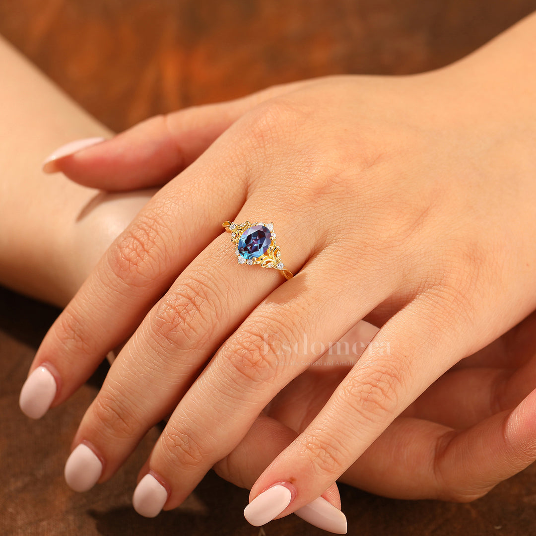 Art Deco Cluster Oval Cut Alexandrite Engagement Ring 14K Gold Hollow Carved Bridal Ring