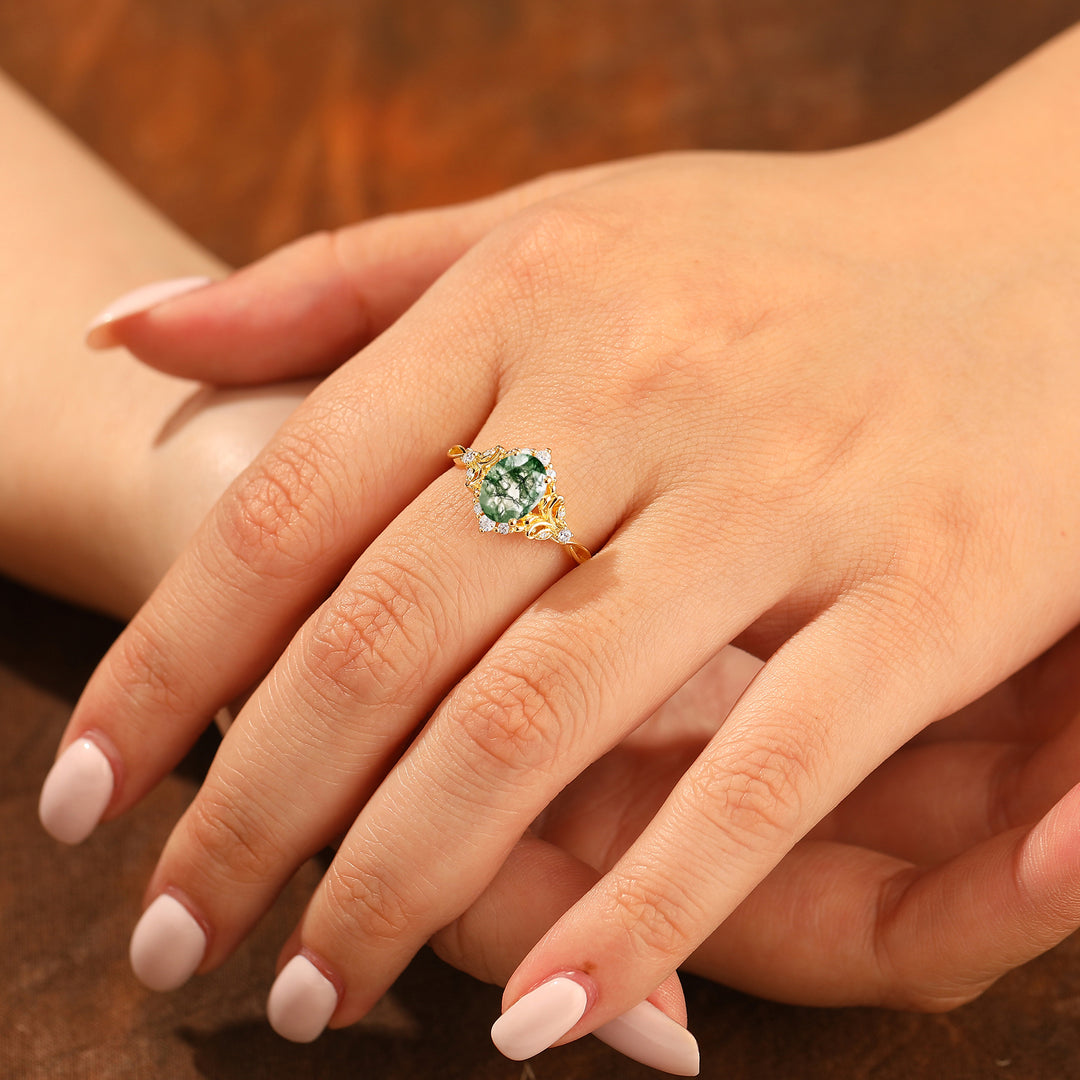 Elegant Oval Cut Moss Agate Wedding Ring 14K Yellow Gold Cluster Leaf Design Bridal Ring