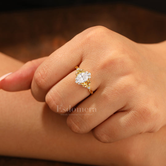 Art Deco Cluster Oval Cut Moissanite Engagement Ring 14K Gold Hollow Carved Bridal Ring