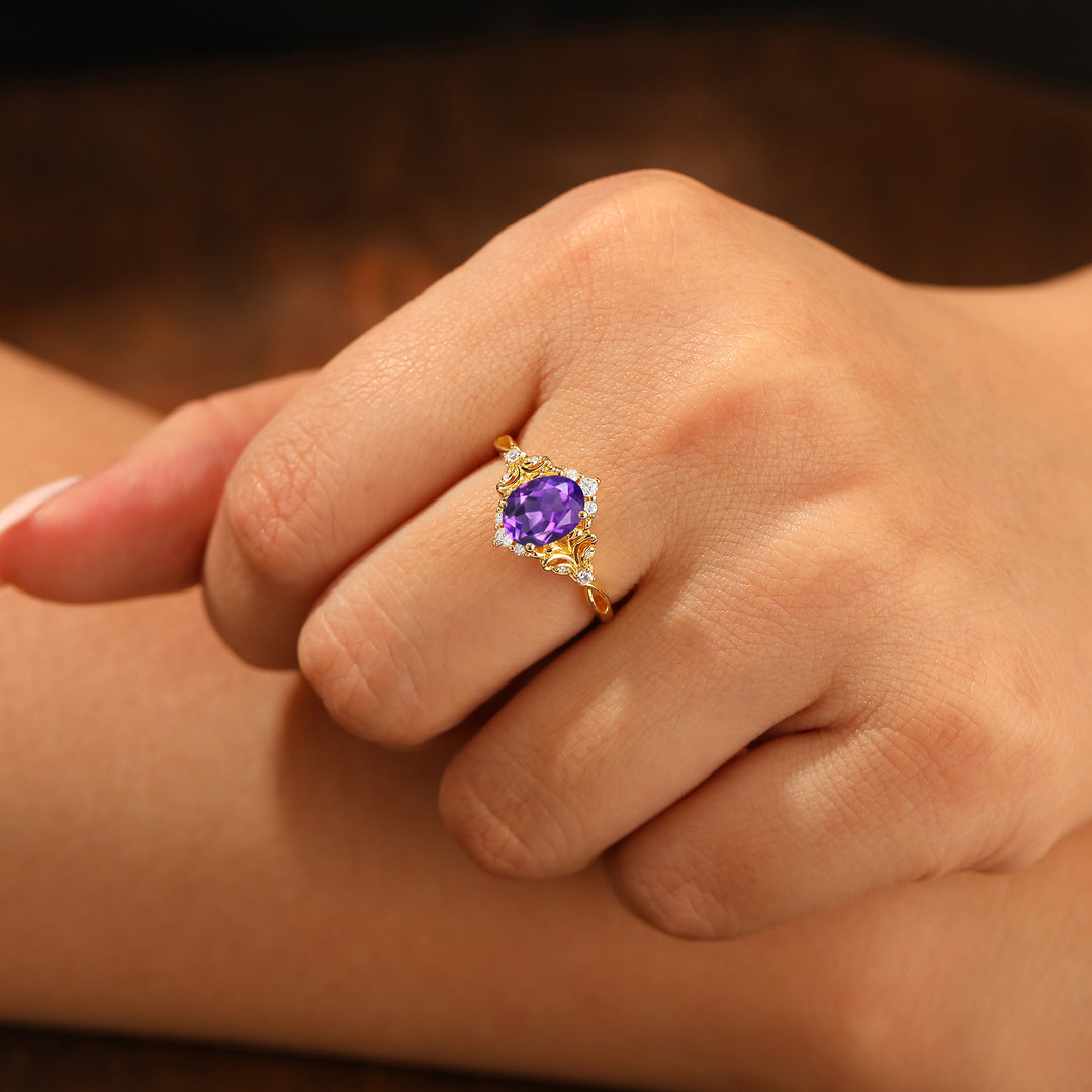 Art Deco 1.5CT Oval Cut Amethyst Wedding Ring Floral Style Engagement Ring