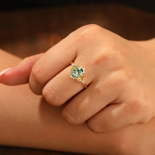 Elegant Oval Cut Moss Agate Wedding Ring 14K Yellow Gold Cluster Leaf Design Bridal Ring