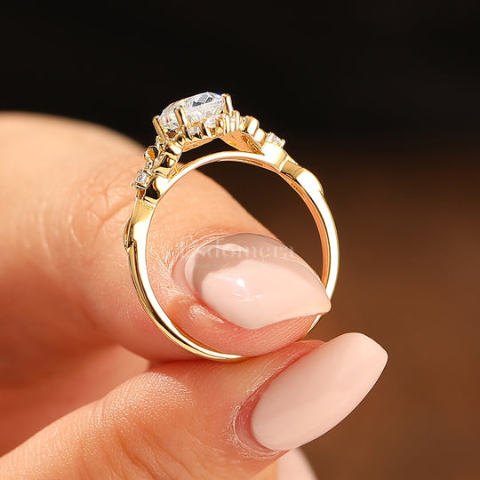 Art Deco Cluster Oval Cut Moissanite Engagement Ring 14K Gold Hollow Carved Bridal Ring