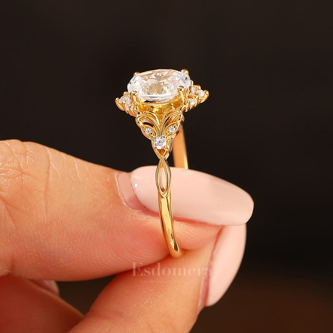 Art Deco Cluster Oval Cut Moissanite Engagement Ring 14K Gold Hollow Carved Bridal Ring