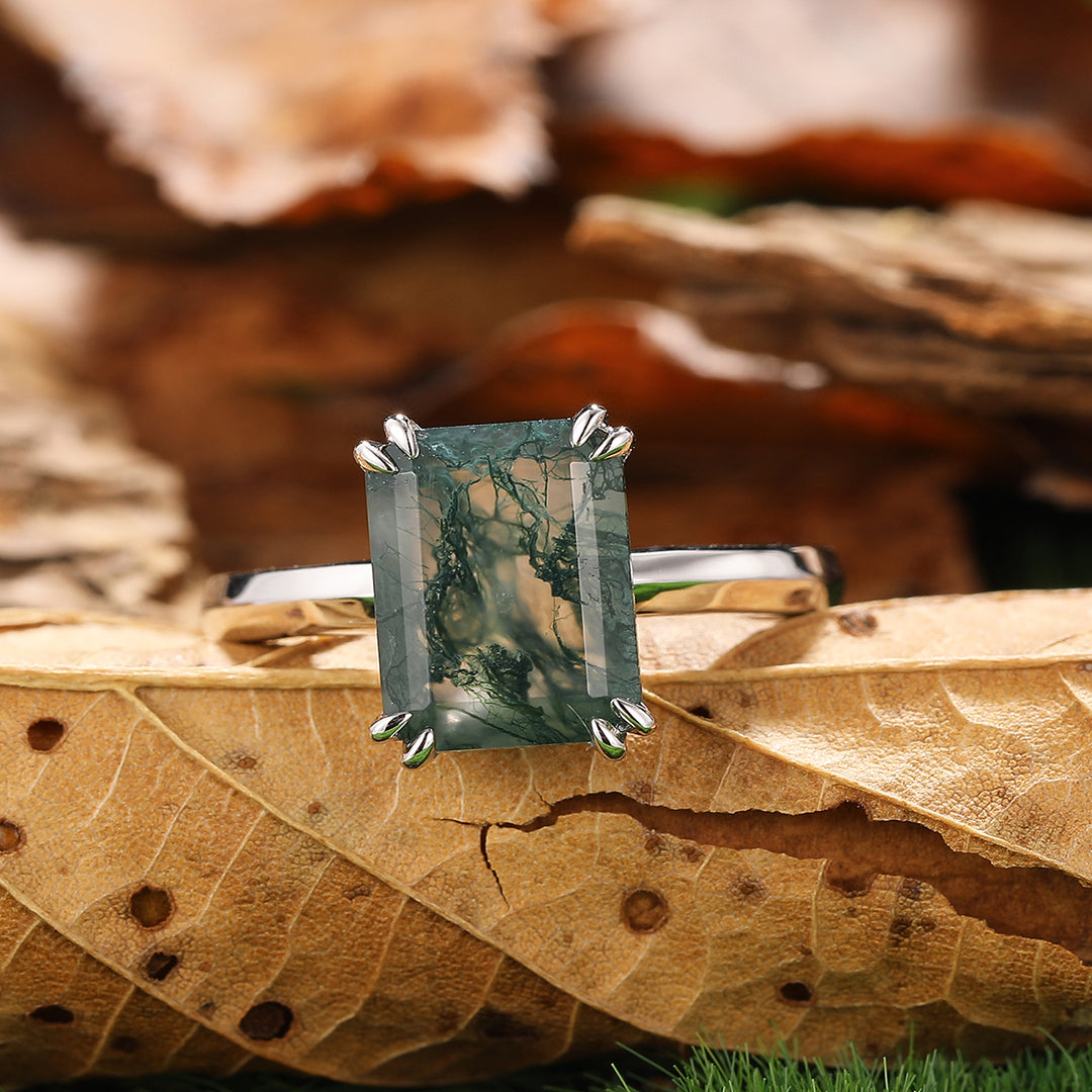 Double Prongs Emerald Cut Natural Moss Agate Engagement Ring Solitaire Gemstone Bridal Promise Ring