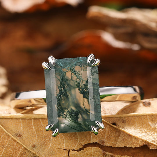 Double Prongs Emerald Cut Natural Moss Agate Engagement Ring Solitaire Gemstone Bridal Promise Ring Handcrafted Ring