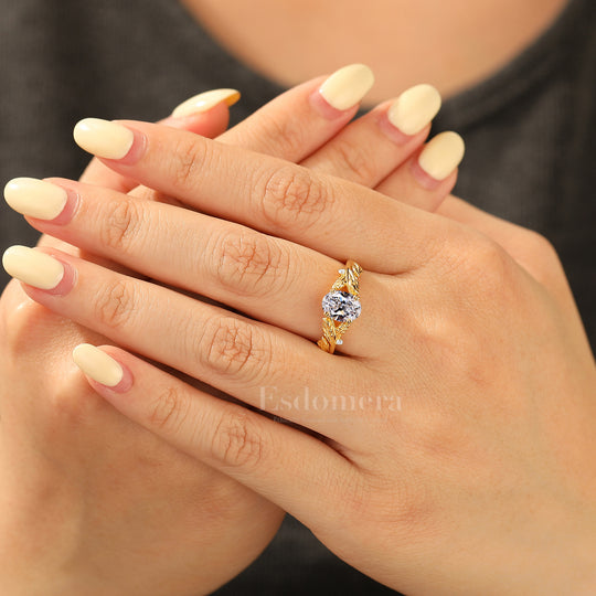 Double Claw Prongs Oval Lab Grown Diamond Bridal Ring 14K Gold Leaf Motif Women Ring (IGI Certified)