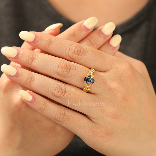 Whimsical Leaf Engraved Oval Black Rutilated Quartz Engagement Ring Double Prong Setting Marriage Ring
