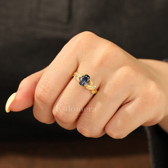 Whimsical Leaf Engraved Oval Black Rutilated Quartz Engagement Ring Double Prong Setting Marriage Ring