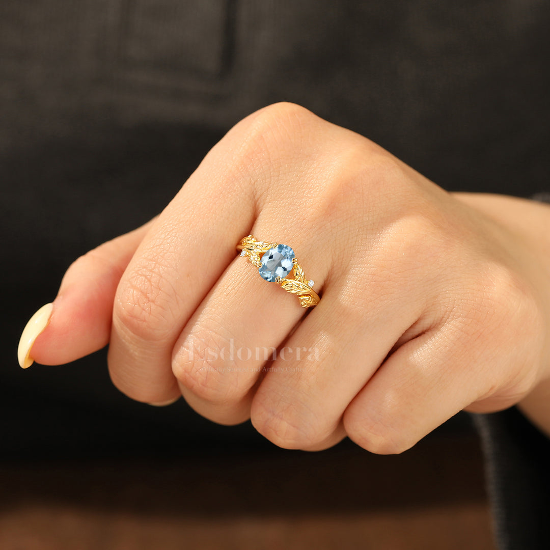 Leaf Split Shank Oval Aquamarine Engagement Ring Double Claw Setting Bridal Ring