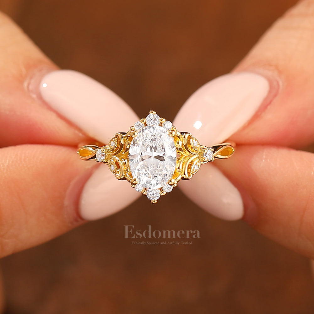 Art Deco Cluster Oval Cut Moissanite Engagement Ring 14K Gold Hollow Carved Bridal Ring