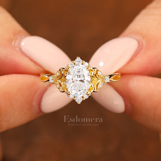 Art Deco Cluster Oval Cut Moissanite Engagement Ring 14K Gold Hollow Carved Bridal Ring