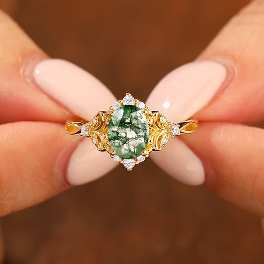 Elegant Oval Cut Moss Agate Wedding Ring 14K Yellow Gold Cluster Leaf Design Bridal Ring