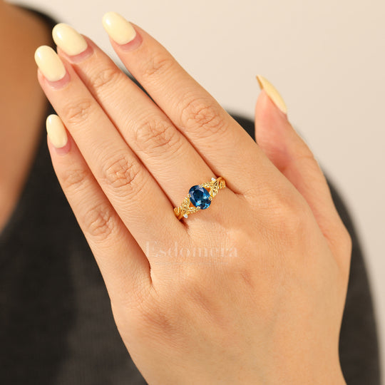 Botanical Leaf 1.5CT Oval London Blue Topaz Bridal Ring 14K Gold Split Shank Engagement Ring