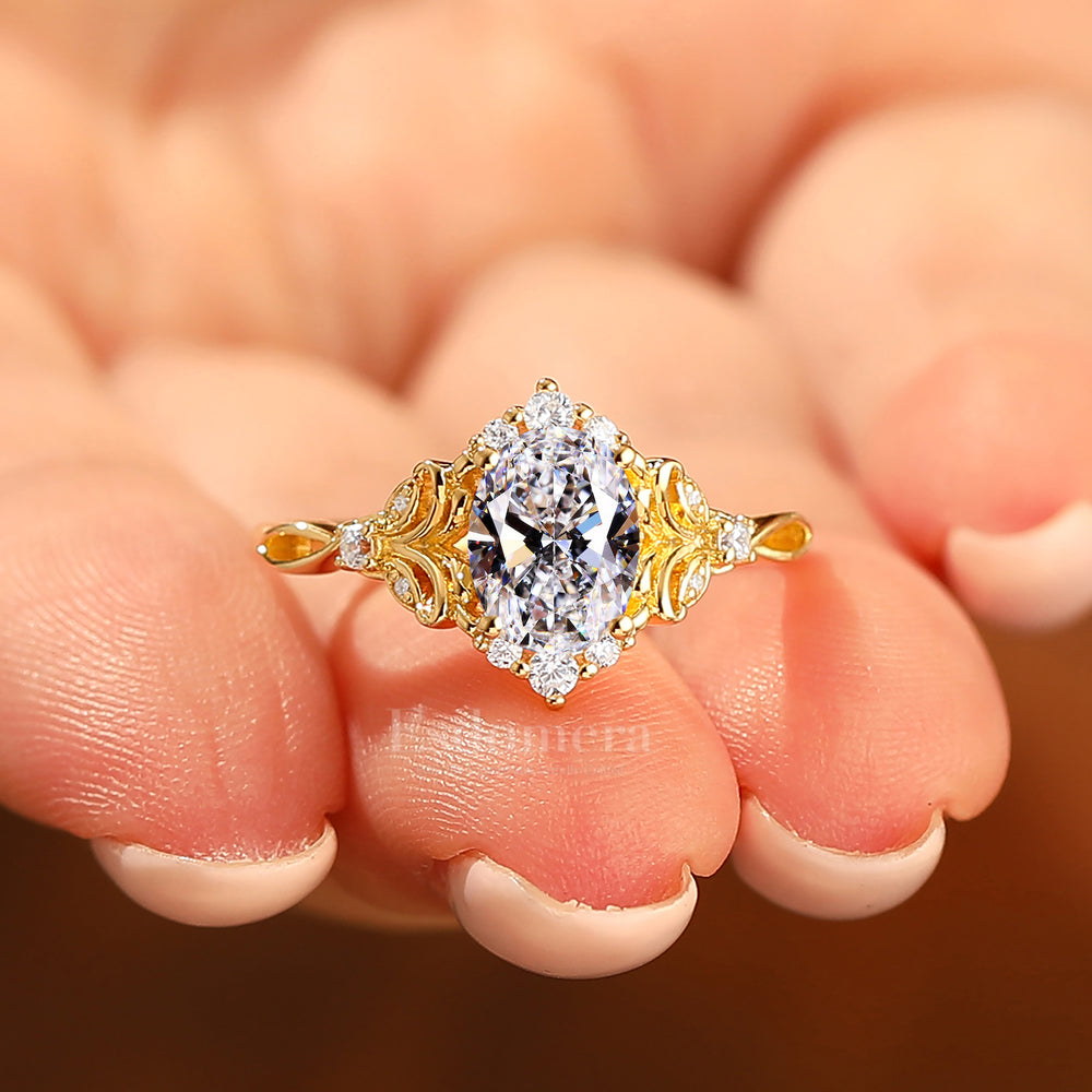 14K Oval Cut Lab Grown Diamond Unique Art Deco Inspired Oval Halo Ring with Filigree & Floral Details Cluster Ring Engagement Ring (IGI Certified)