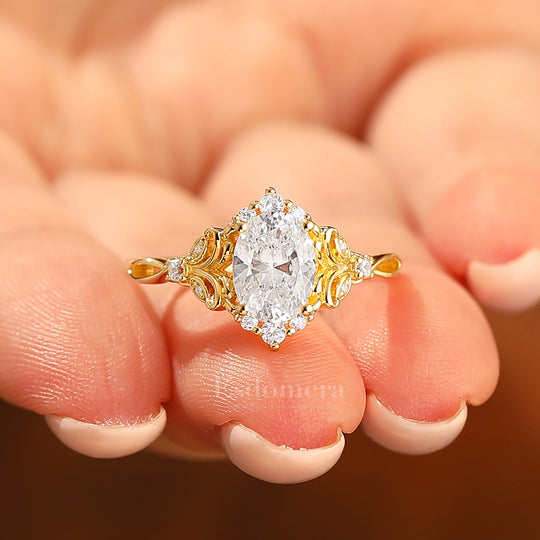 Art Deco Cluster Oval Cut Moissanite Engagement Ring 14K Gold Hollow Carved Bridal Ring