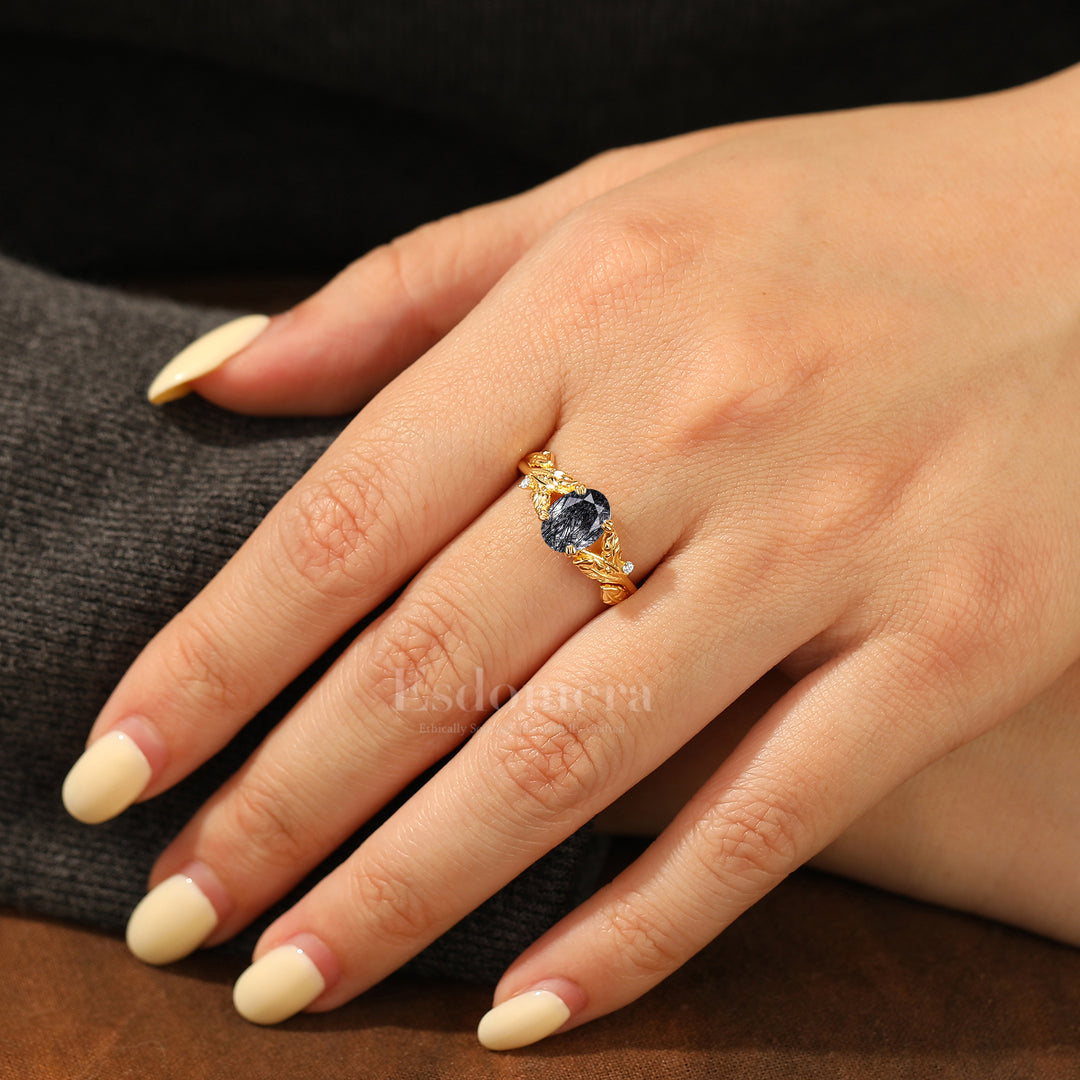 Whimsical Leaf Engraved Oval Black Rutilated Quartz Engagement Ring Double Prong Setting Marriage Ring
