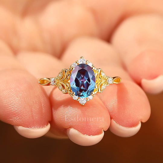 Art Deco Cluster Oval Cut Alexandrite Engagement Ring 14K Gold Hollow Carved Bridal Ring