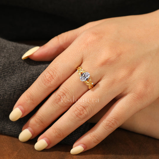 Double Claw Prongs Oval Lab Grown Diamond Bridal Ring 14K Gold Leaf Motif Women Ring (IGI Certified)