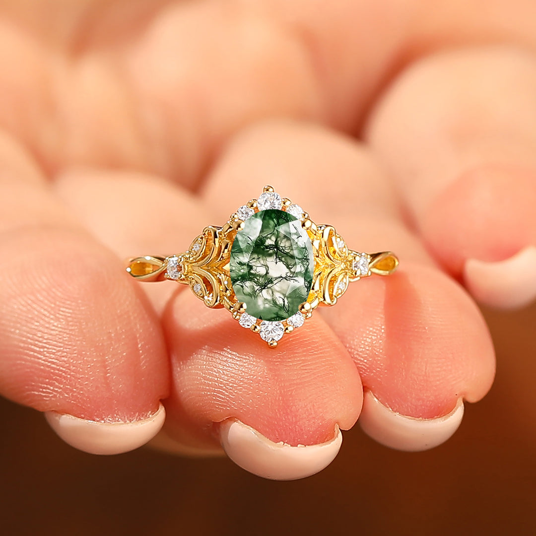 Elegant Oval Cut Moss Agate Wedding Ring 14K Yellow Gold Cluster Leaf Design Bridal Ring