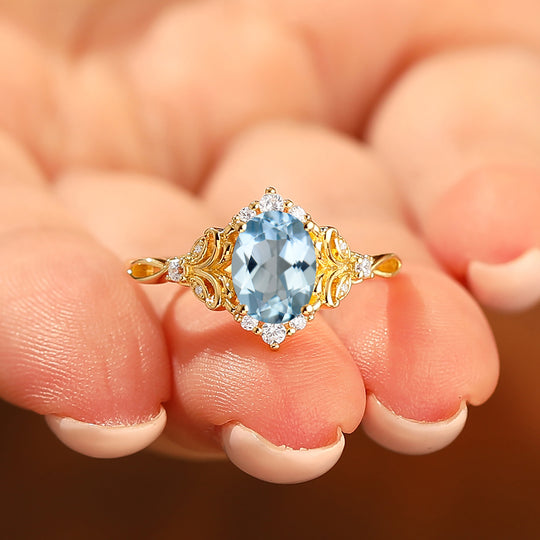 Barocco Anello di Fidanzamento con Foglia a Voluta e Acquamarina Pietre Brillanti di Accento Anello da Donna