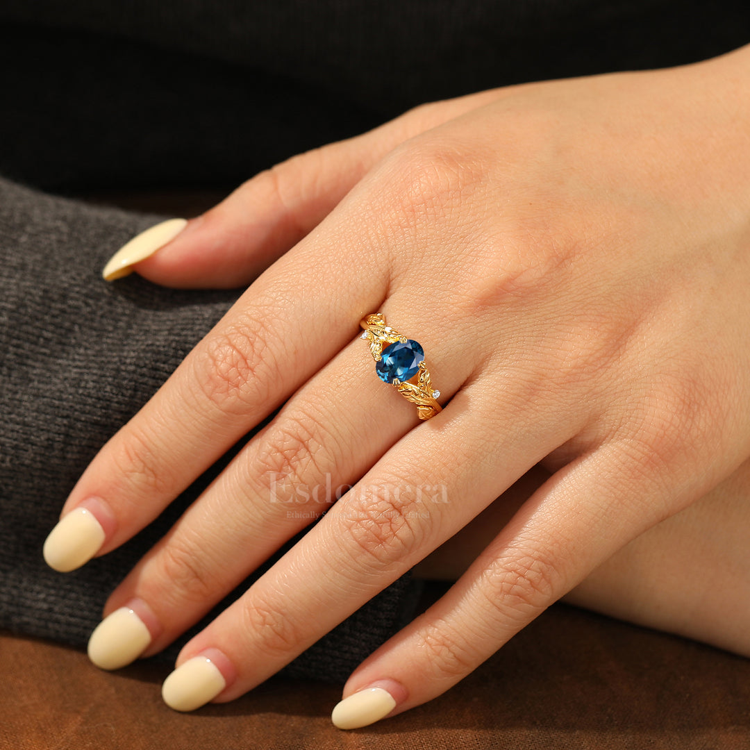 Botanical Leaf 1.5CT Oval London Blue Topaz Bridal Ring 14K Gold Split Shank Engagement Ring