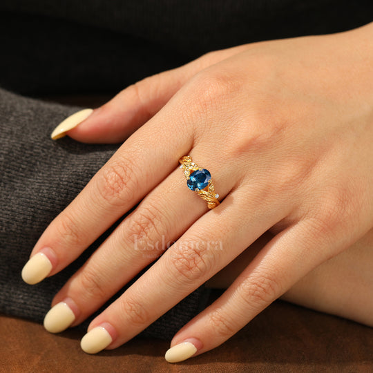 Botanical Leaf 1.5CT Oval London Blue Topaz Bridal Ring 14K Gold Split Shank Engagement Ring