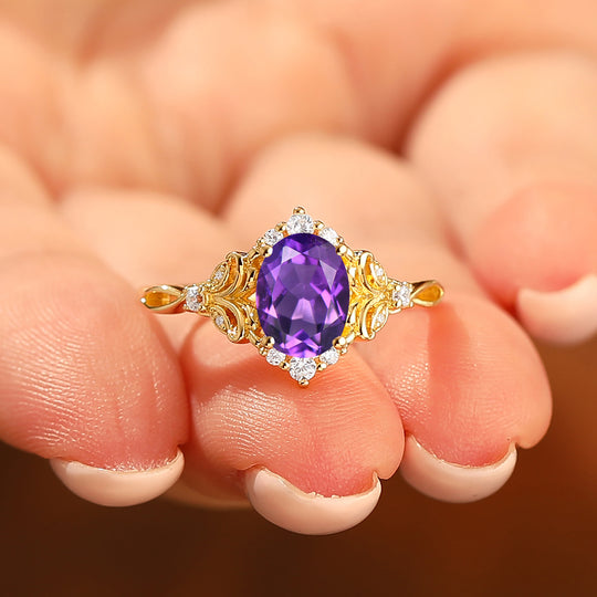 Art Deco 1.5CT Oval Cut Amethyst Wedding Ring Floral Style Engagement Ring