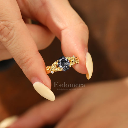 Whimsical Leaf Engraved Oval Black Rutilated Quartz Engagement Ring Double Prong Setting Marriage Ring