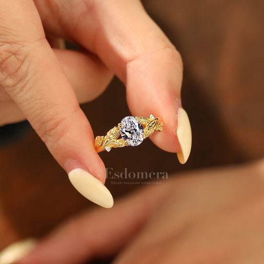 Double Claw Prongs Oval Lab Grown Diamond Bridal Ring 14K Gold Leaf Motif Women Ring (IGI Certified)