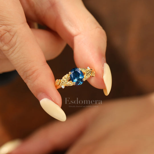 Botanical Leaf 1.5CT Oval London Blue Topaz Bridal Ring 14K Gold Split Shank Engagement Ring