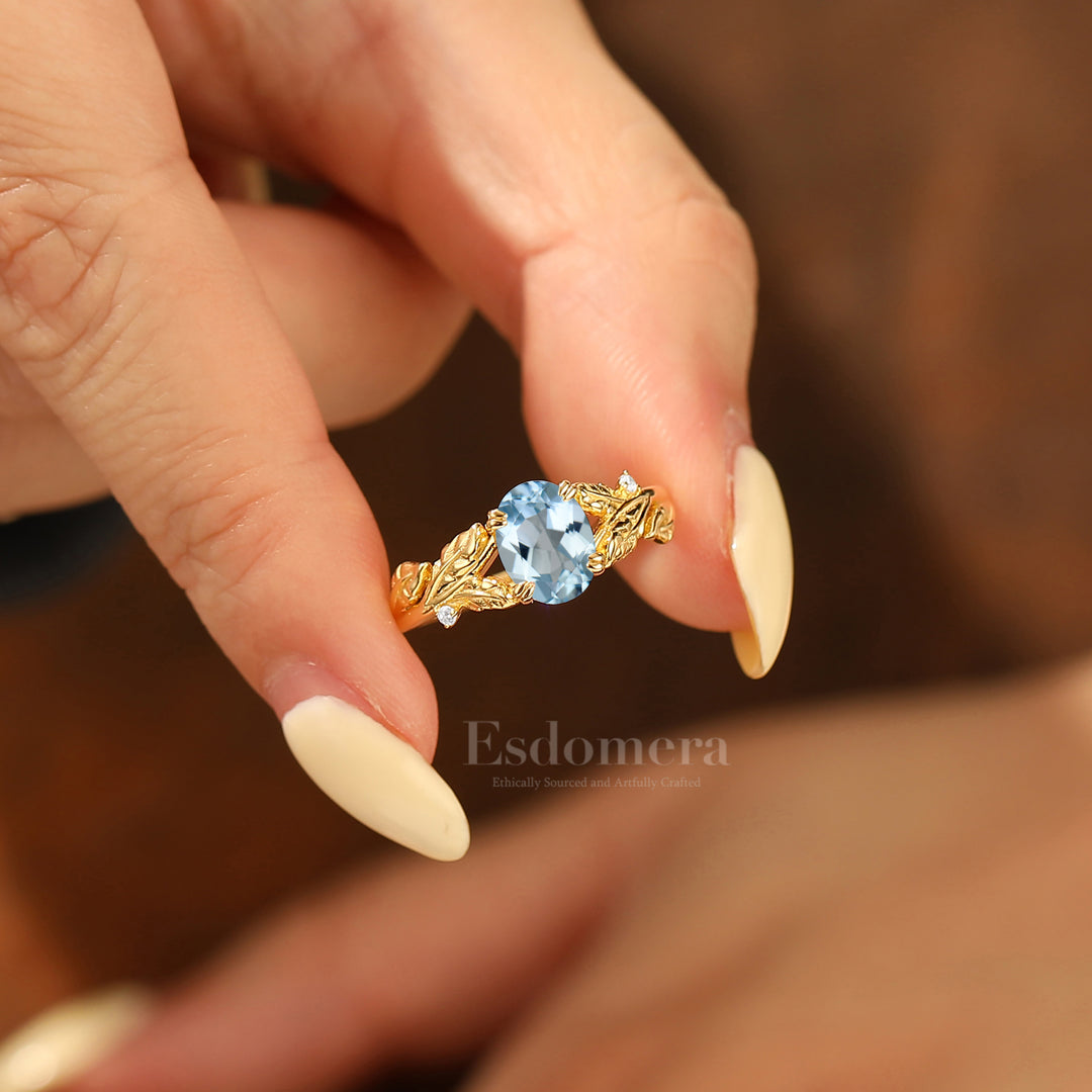 Leaf Split Shank Oval Aquamarine Engagement Ring Double Claw Setting Bridal Ring