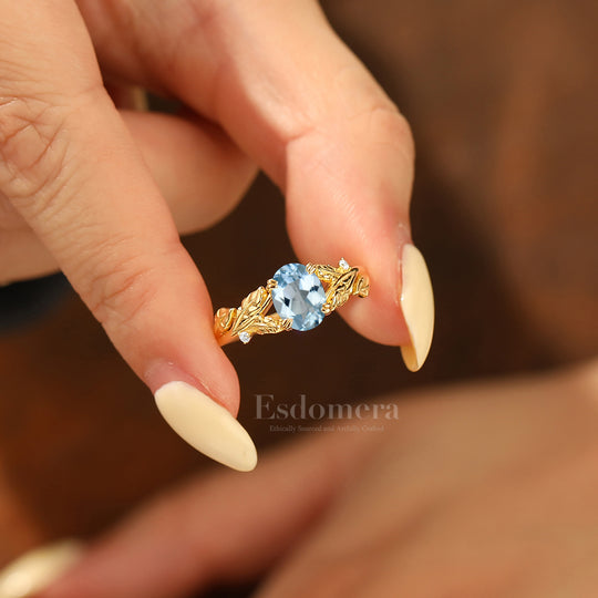 Leaf Split Shank Oval Aquamarine Engagement Ring Double Claw Setting Bridal Ring